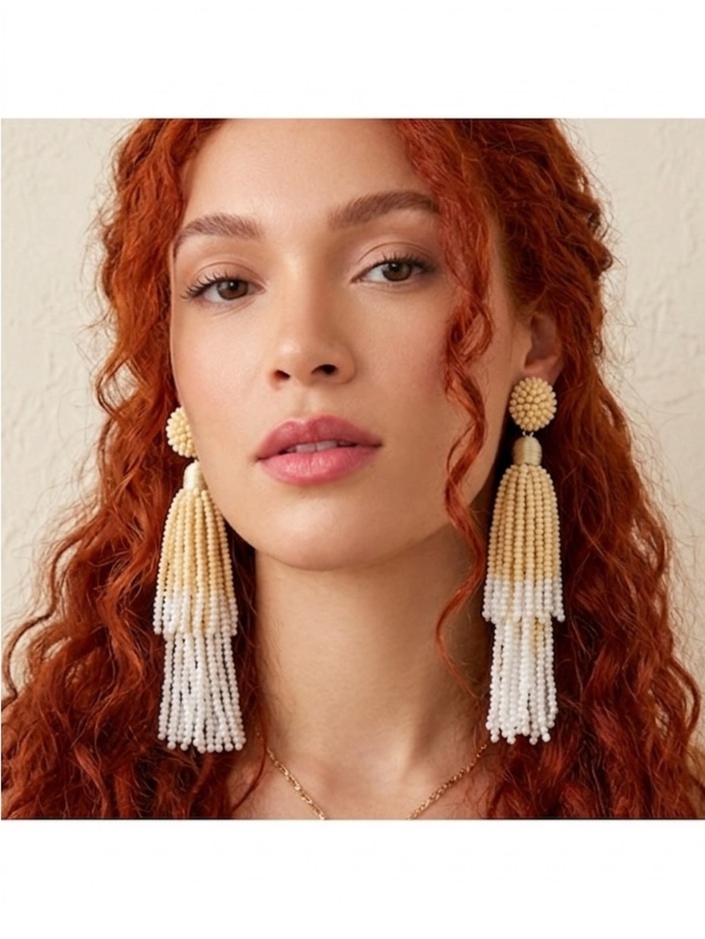 Beaded Tassel Drop Earrings - Cream and White
